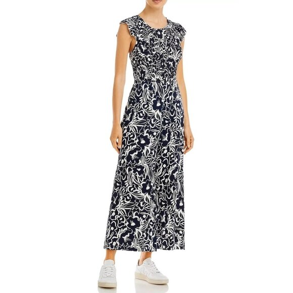 NWT Aqua Womens Medium Jumpsuit Floral Navy White Ruffle Sleeves Coastal Casual - Picture 11 of 11